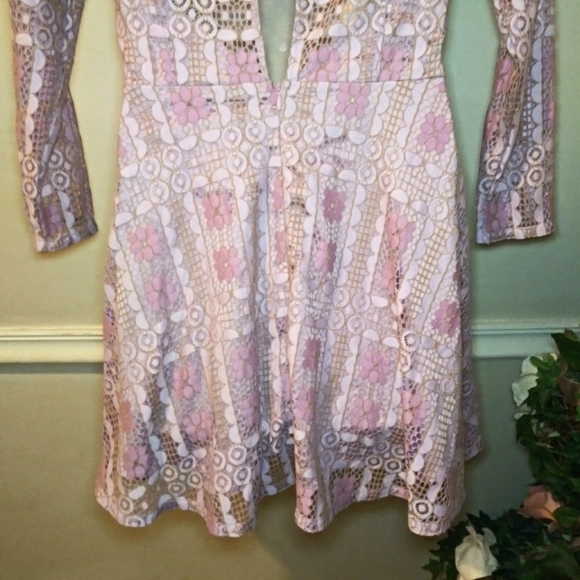 Modcloth Lavender Lace, Sexy Back Slit Fit & Flare Long Sleeved Mini Dress - Picture 11 of 15